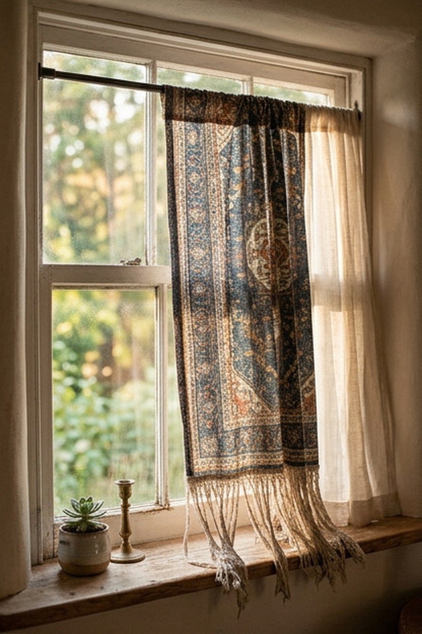 Boho patterned curtains with fringe trim hanging over a college apartment window
