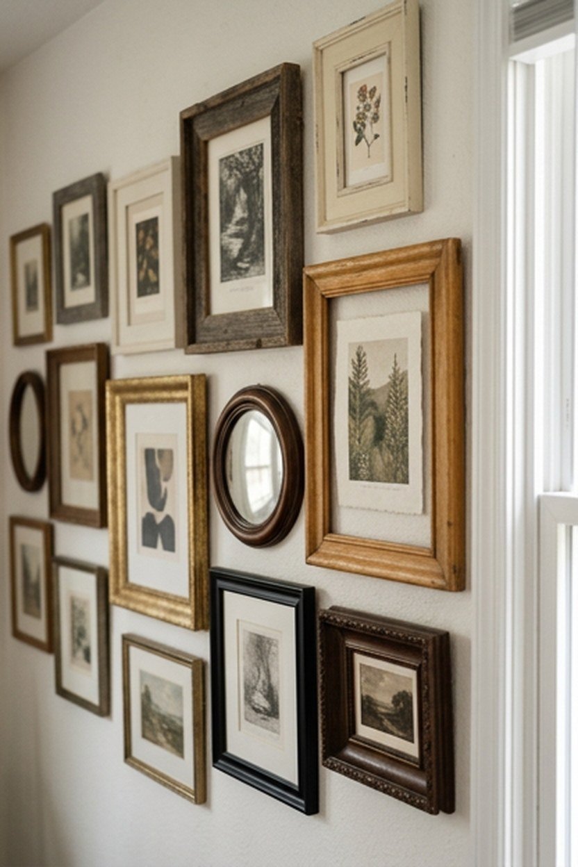 A gallery wall with mixed frame styles and prints in a boho college apartment