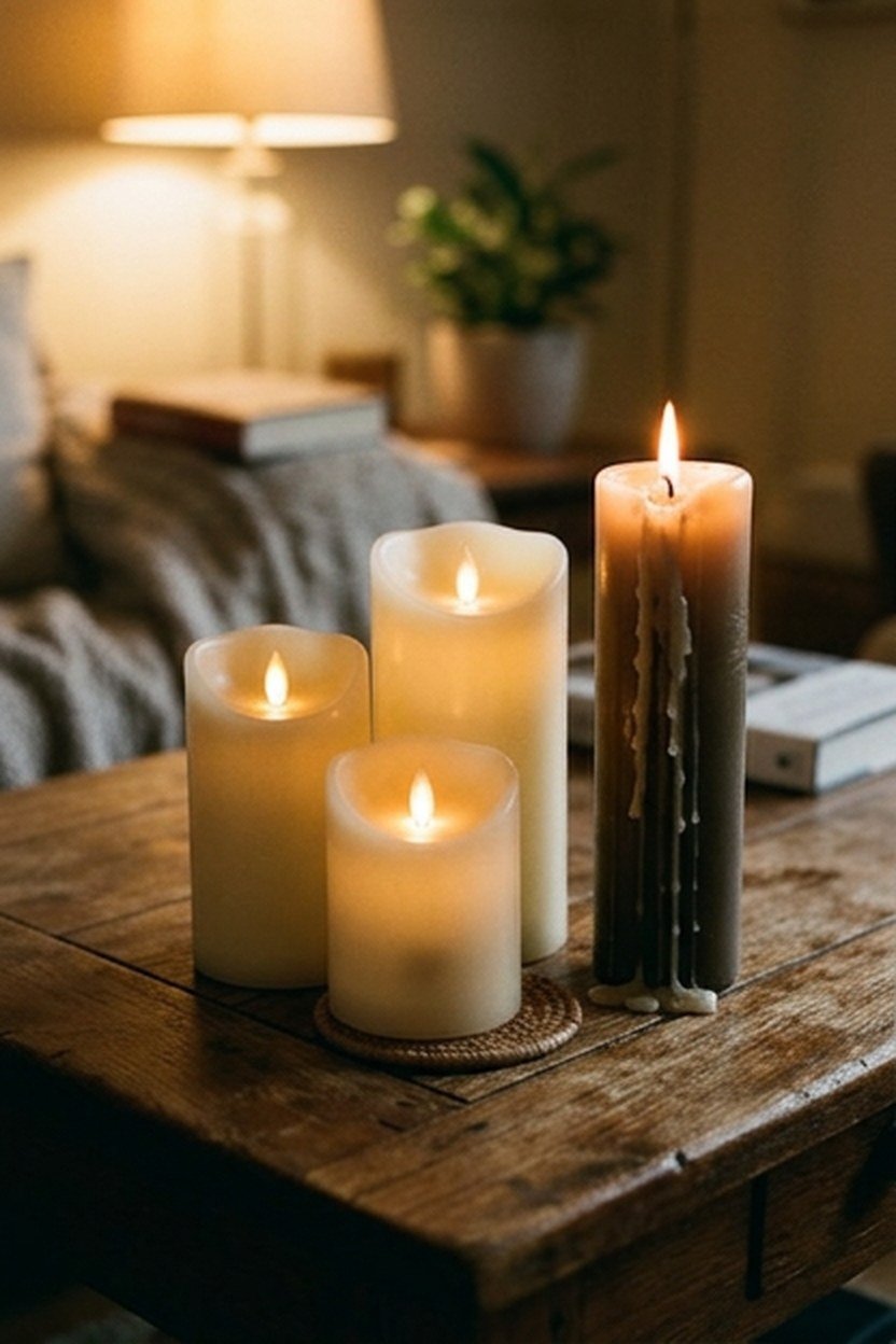 Grouped flameless candles at varying heights on a boho apartment side table