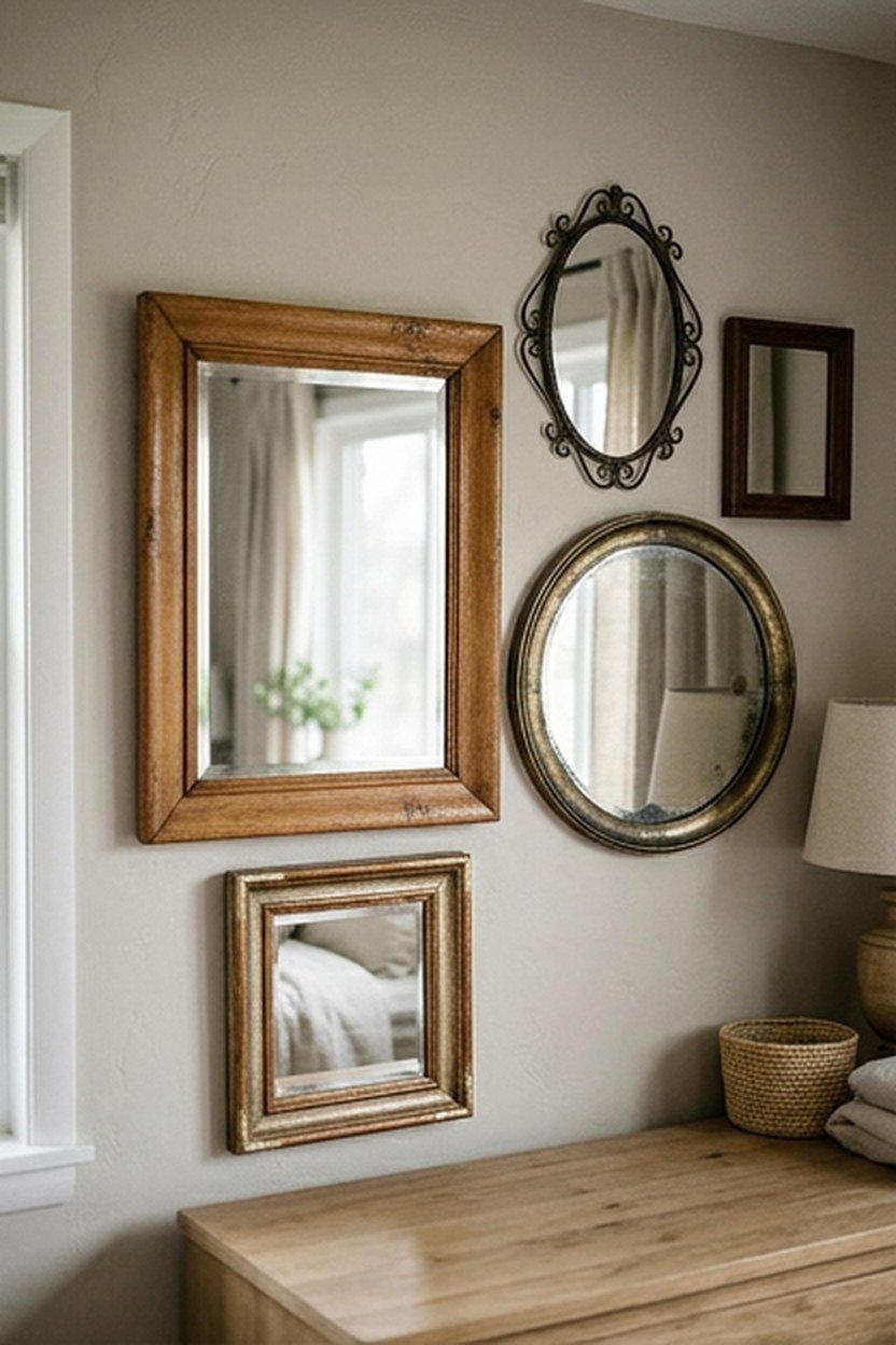 A cluster of layered wall mirrors with mixed frame styles in a boho apartment bedroom
