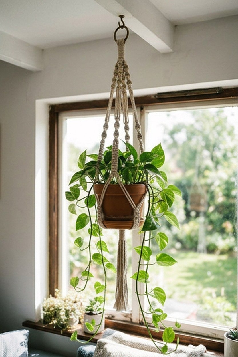A macrame plant hanger with a trailing pothos plant near a boho apartment window