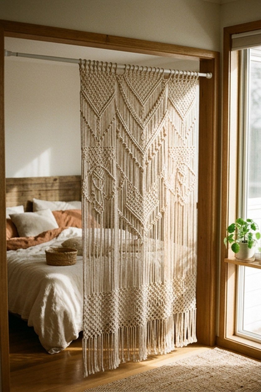 A macrame room divider separating a sleeping area in a boho studio apartment