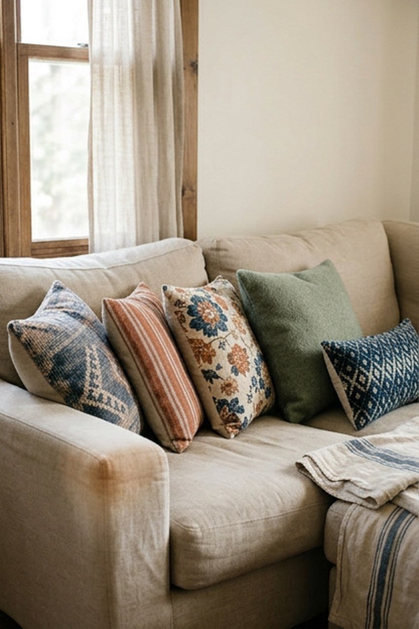 Mixed pattern throw pillows arranged on a neutral couch in a boho college apartment