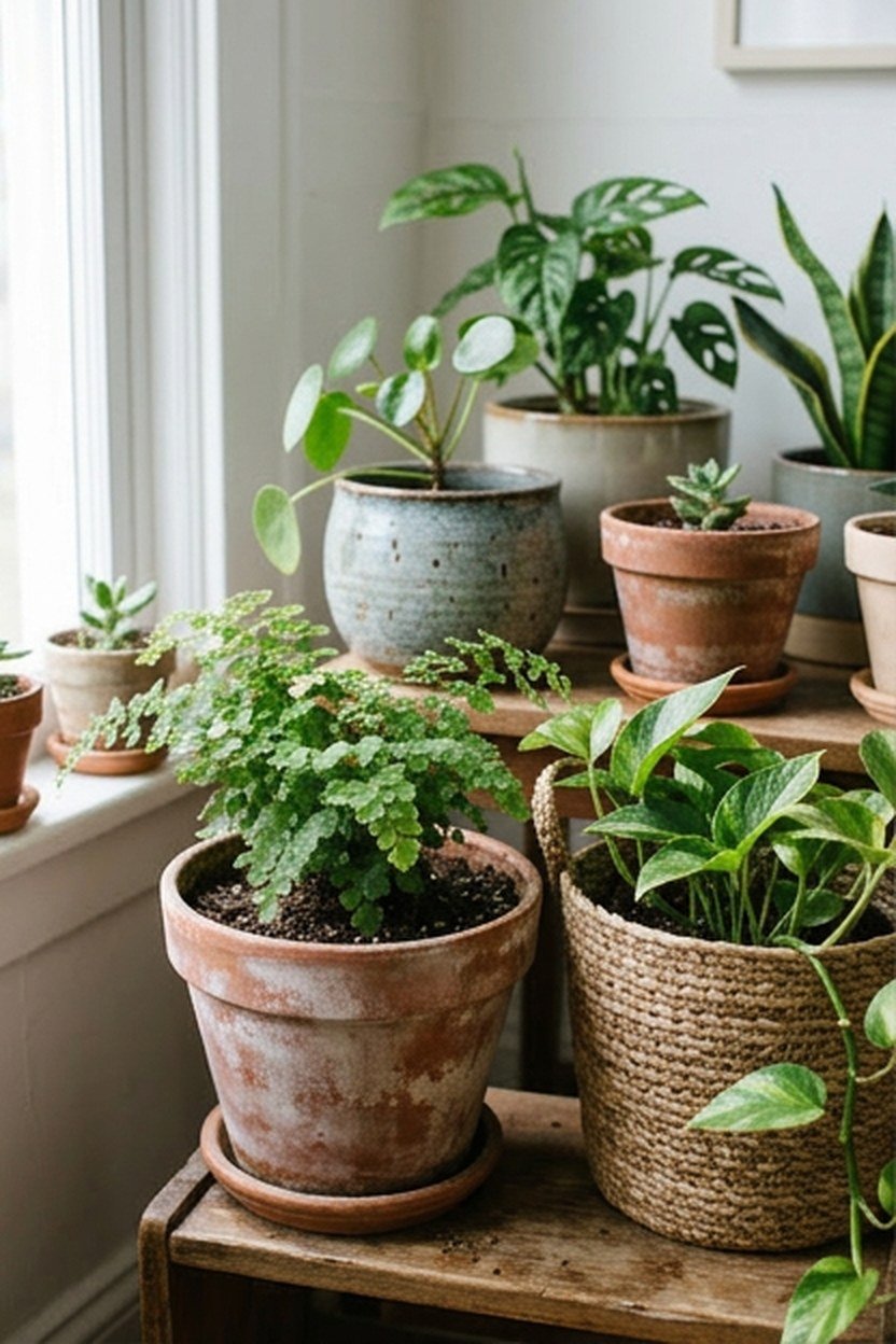 A statement plant corner with mixed pot styles in a boho college apartment