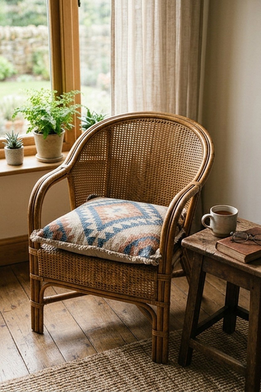 A rattan accent chair with a patterned cushion in a boho college apartment corner