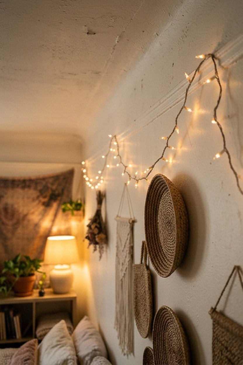 Warm string lights draped along a boho college apartment ceiling line
