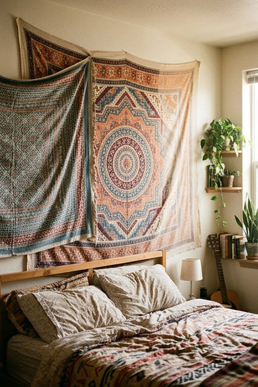 A large patterned tapestry hung as a boho apartment bedroom wall statement piece