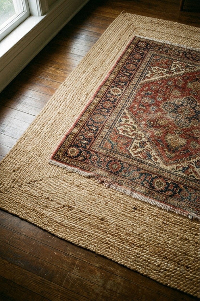 Layered vintage and jute rugs on a boho college apartment living room floor