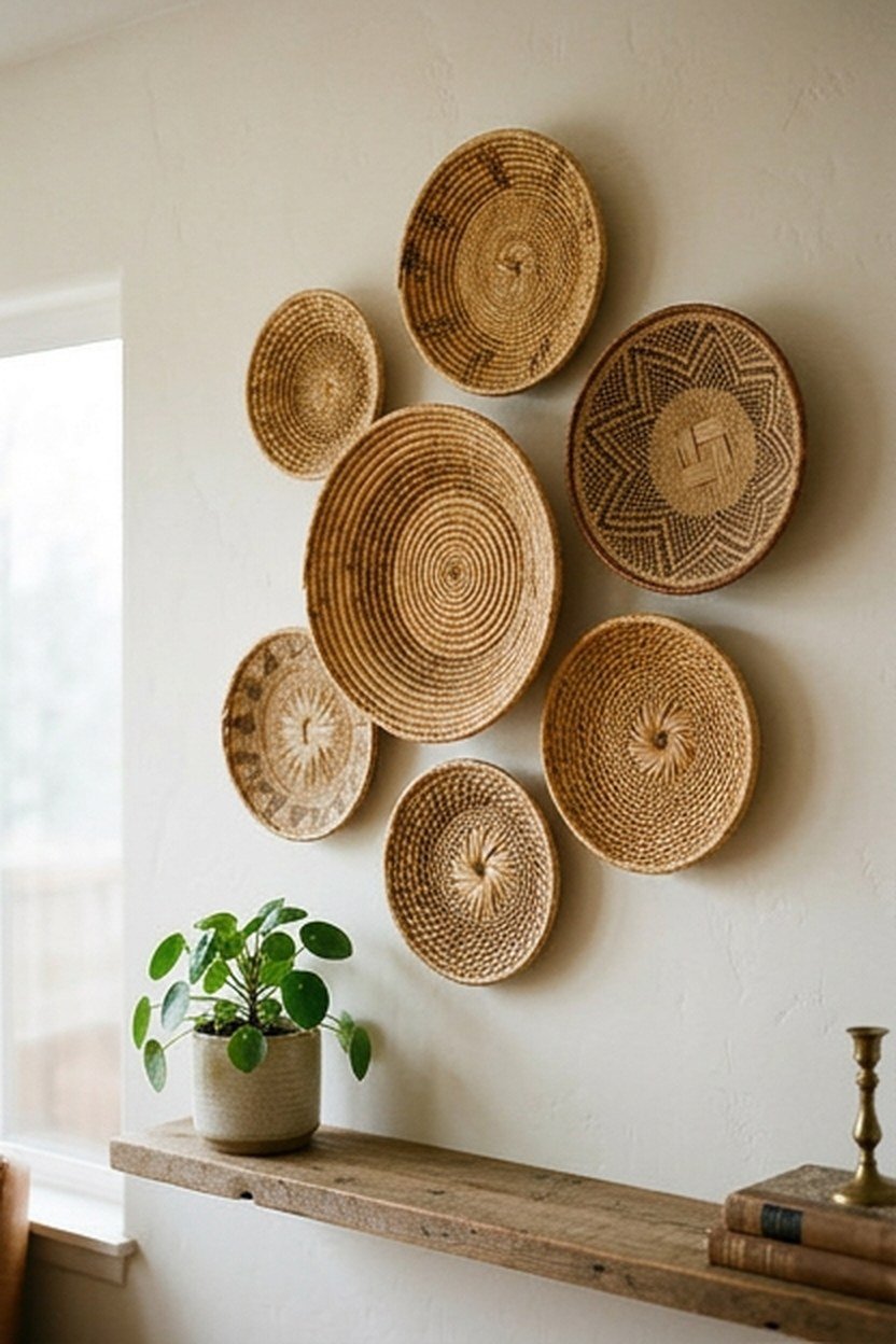 A cluster of woven wall baskets arranged as textural art in a boho apartment