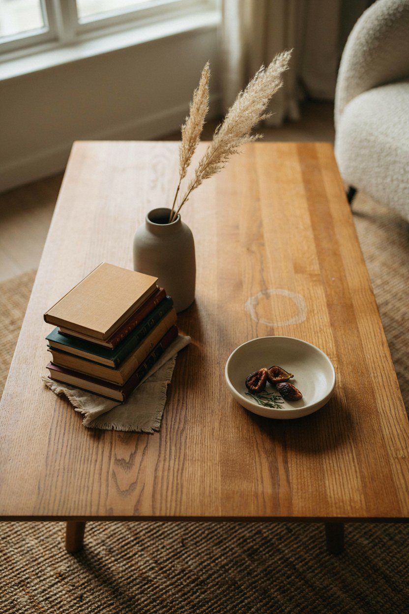 Coffee table styled with books, a vase and a bowl at three heights