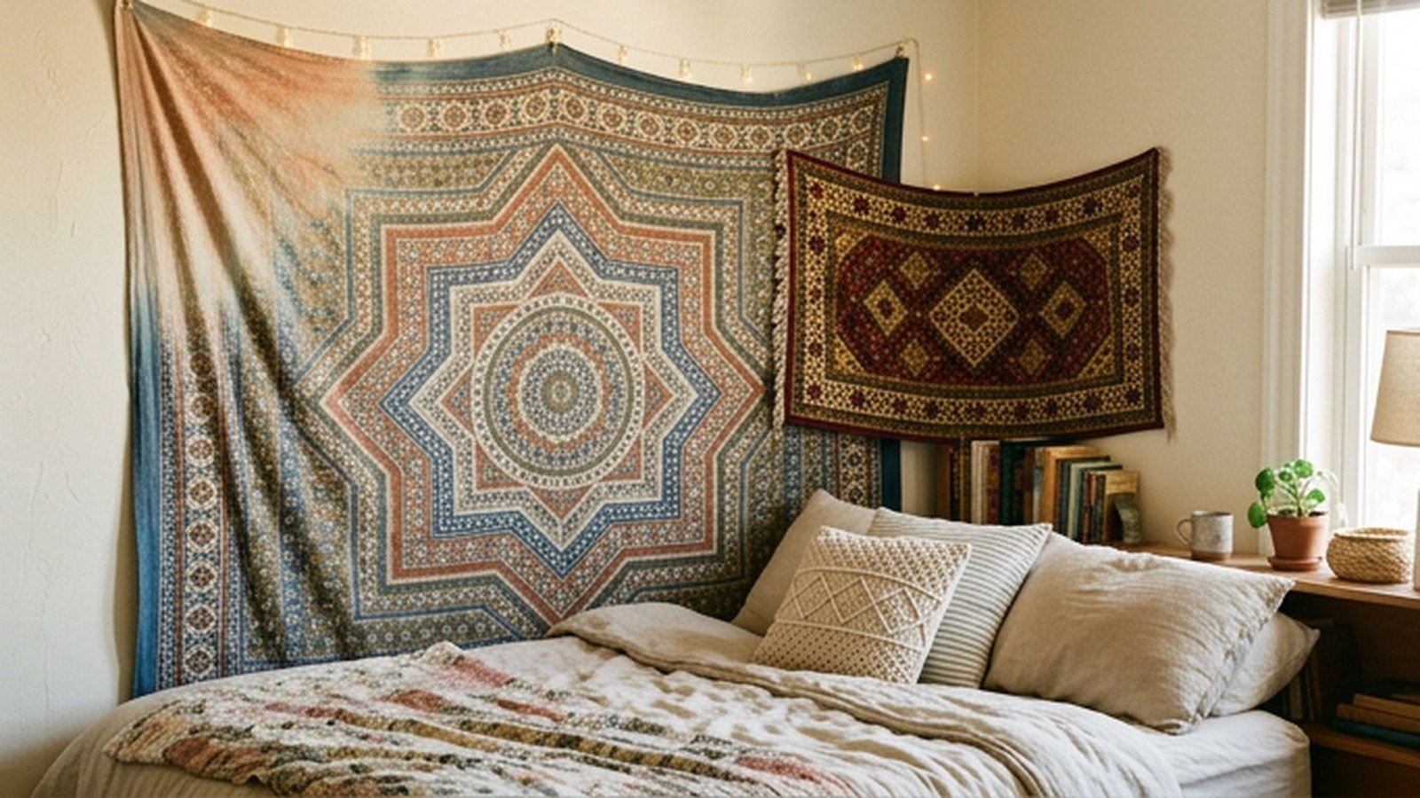 A vibrant boho college apartment bedroom with layered patterned tapestries hung above the bed