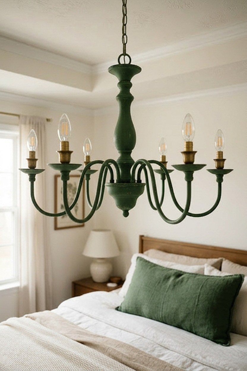 A chandelier finished in a bold contrasting color in a bedroom