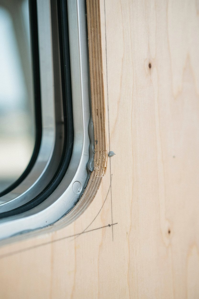 Close view of a bonded van window frame sealed with butyl tape from inside