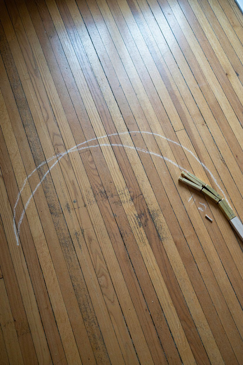 A chalk arc drawn on a floor to show the swing of a bookcase door