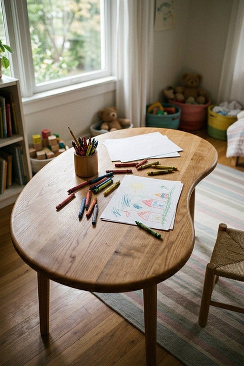 A boomerang shaped play table in a kids bedroom