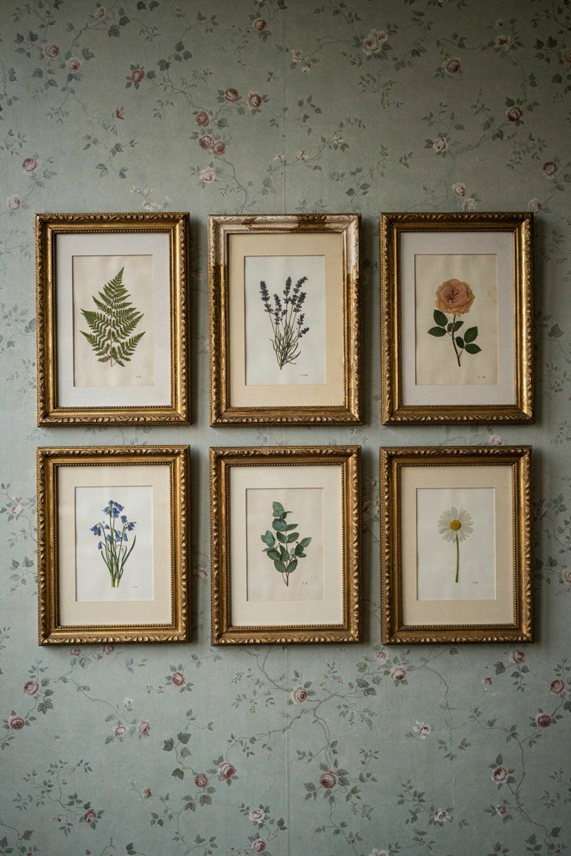 Tight group of botanical prints in matching gilt frames on a papered wall