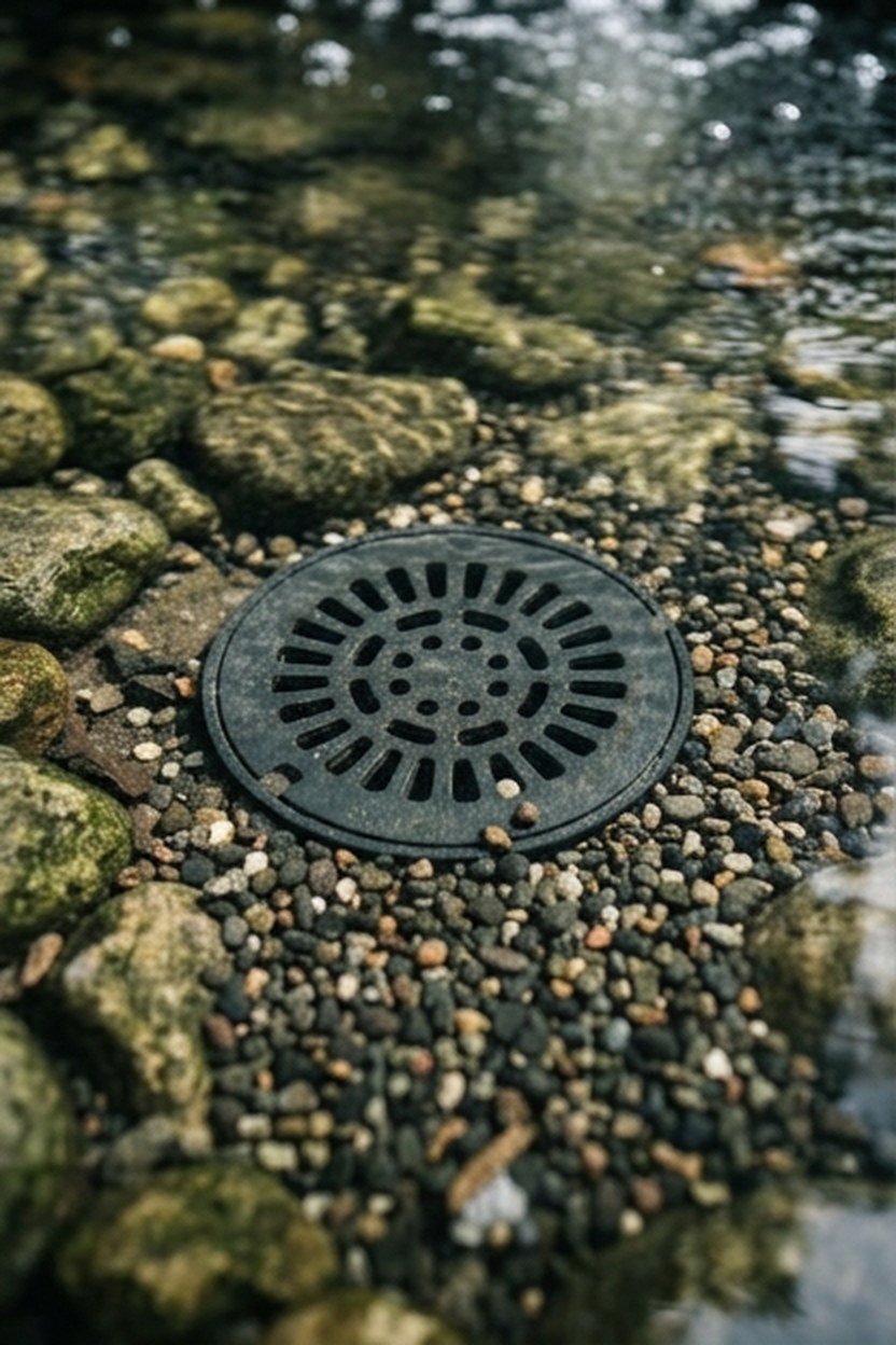 A bottom drain fitting installed on a koi pond floor