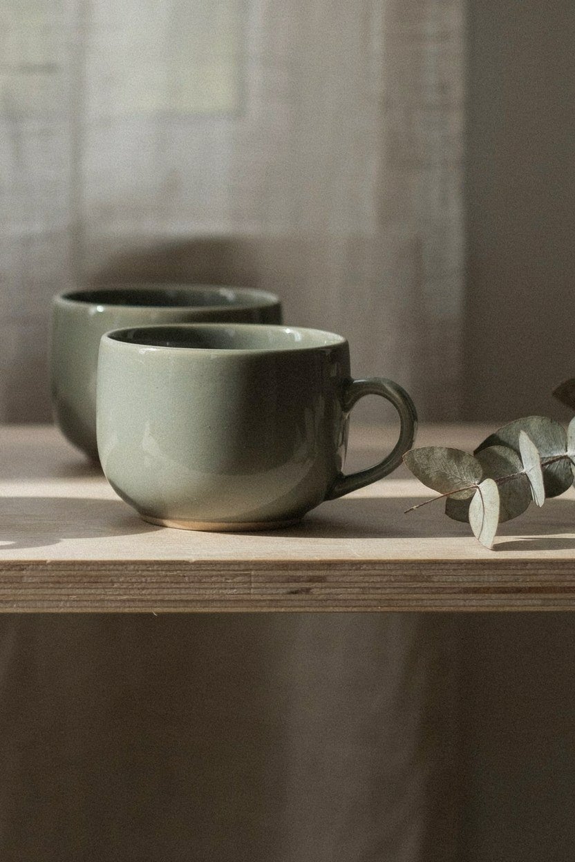 Matching stoneware mugs stacked on a studio coffee shelf