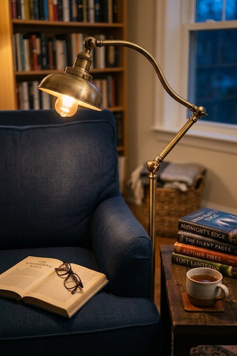 A brass adjustable reading lamp beside a navy armchair
