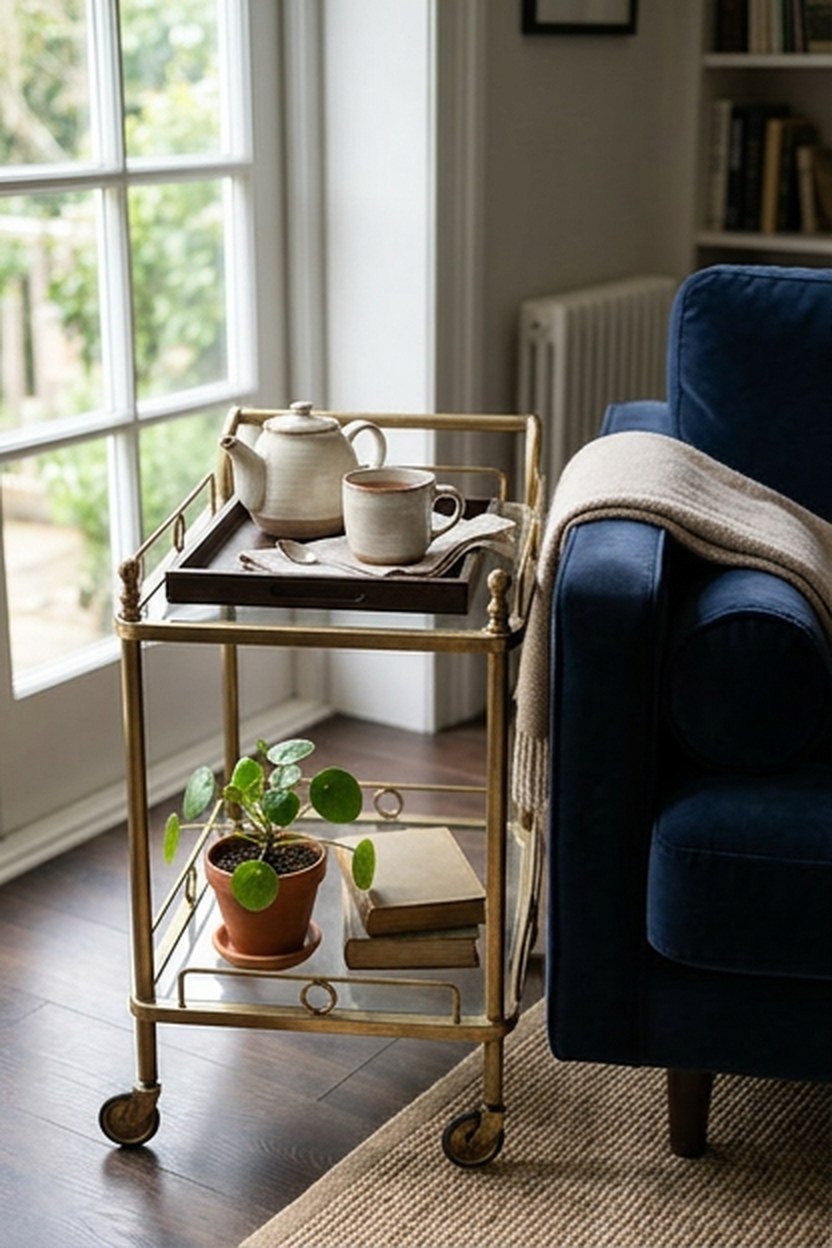 A small brass bar cart holding a tea setup beside a navy reading nook