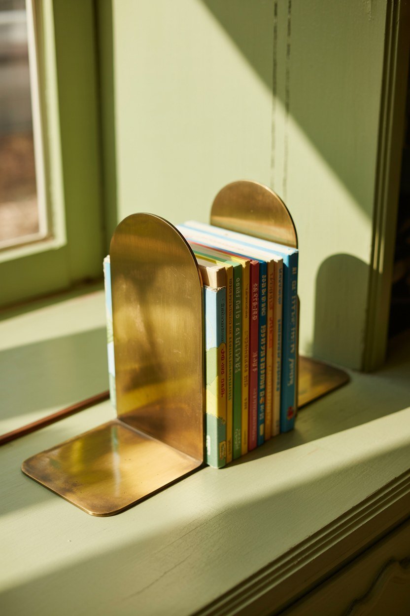 A pair of simple brass arch bookends holding children's books upright