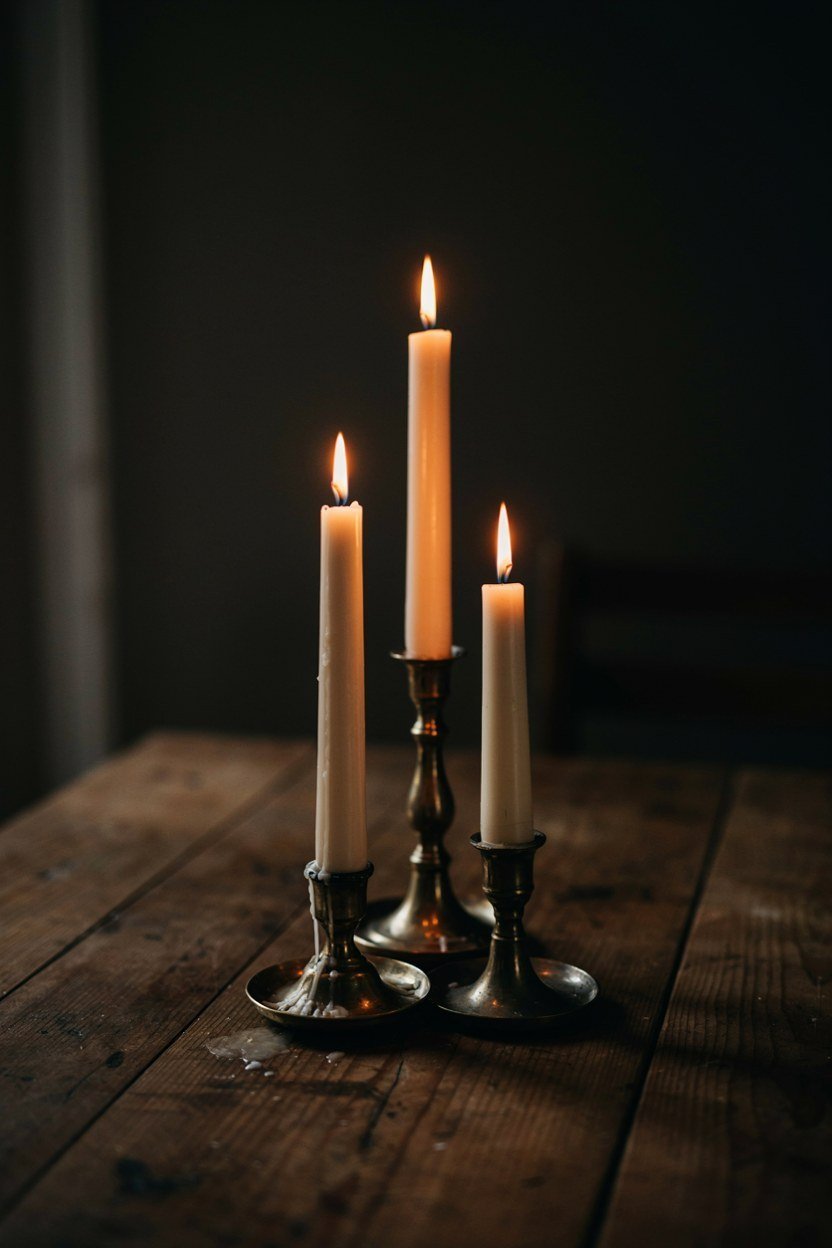 Tarnished brass candlesticks of different heights lit together on a table