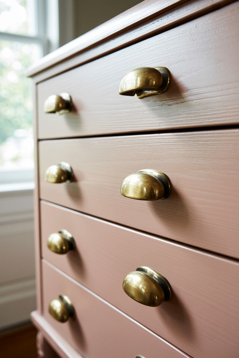 Solid brass capsule pulls fitted to a pale pink dresser
