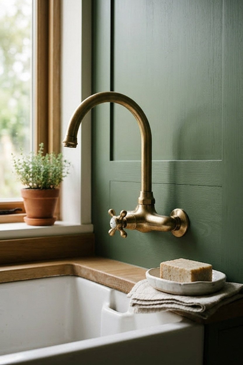 A brass faucet and fixtures against green cabinetry in a laundry room
