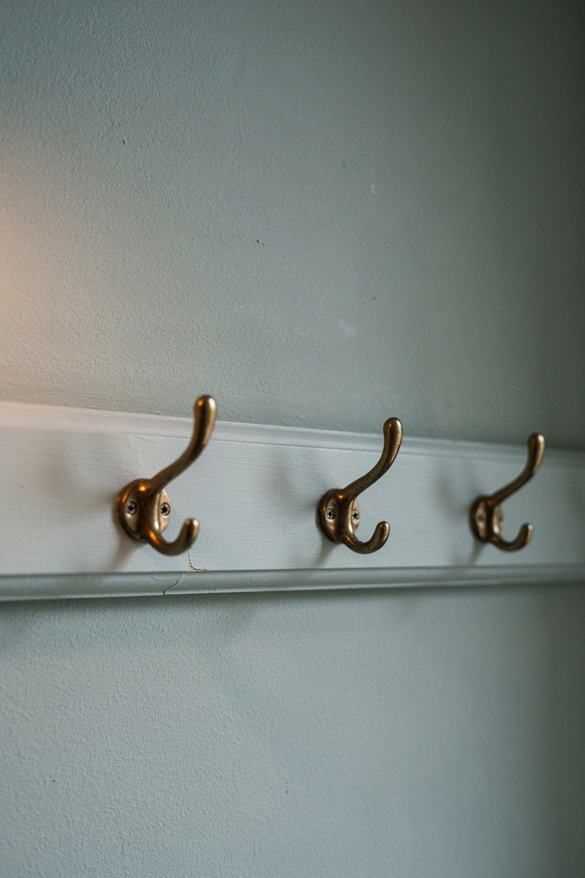 Row of brass hooks on a painted batten fixed to a sage wall