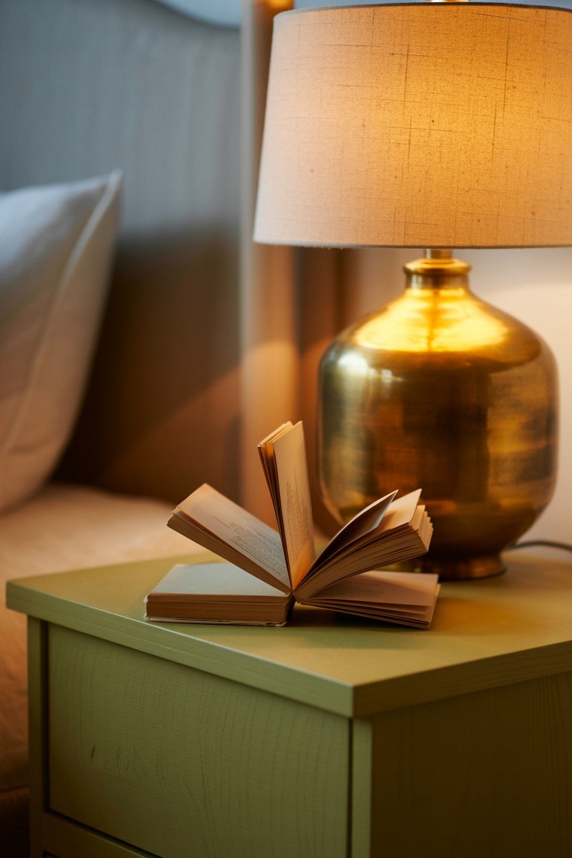 A brass based bedside lamp with a simple fabric shade