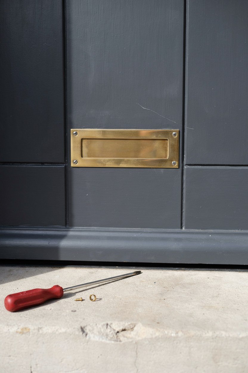 New brass letter plate fitted to a dark front door