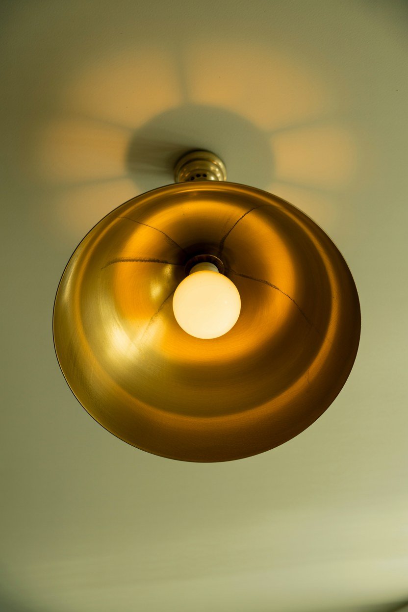 A brass domed pendant light glowing warm above a kids bedroom