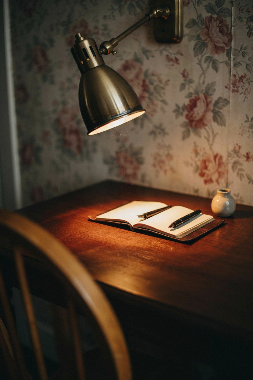 Brass picture light mounted on the wall above a writing desk