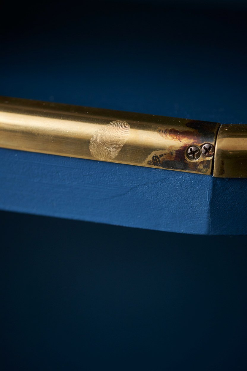 Unlacquered brass rail fixed across the front of a midnight blue shelf