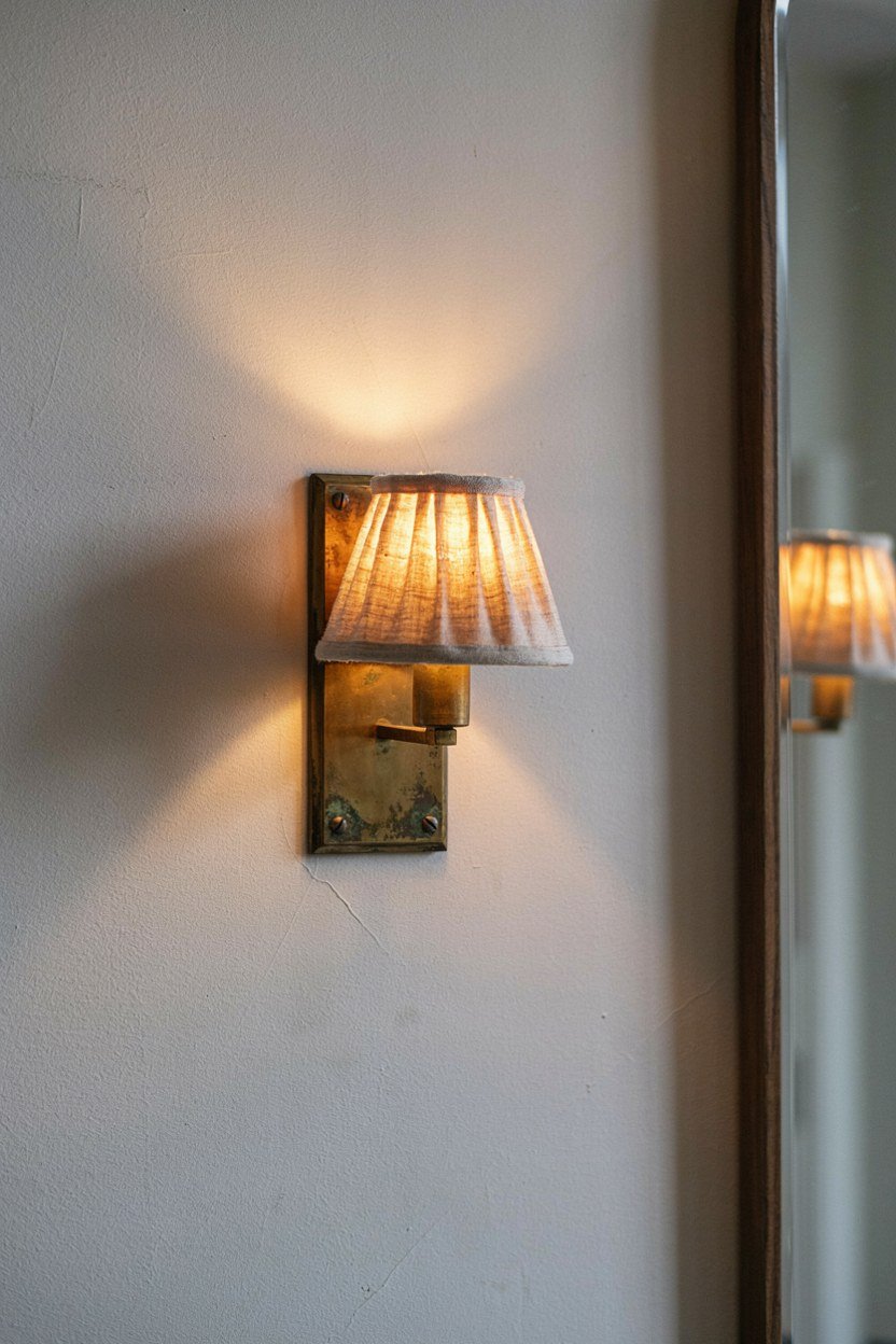 An aged brass wall sconce lit at eye level beside a dressing room mirror