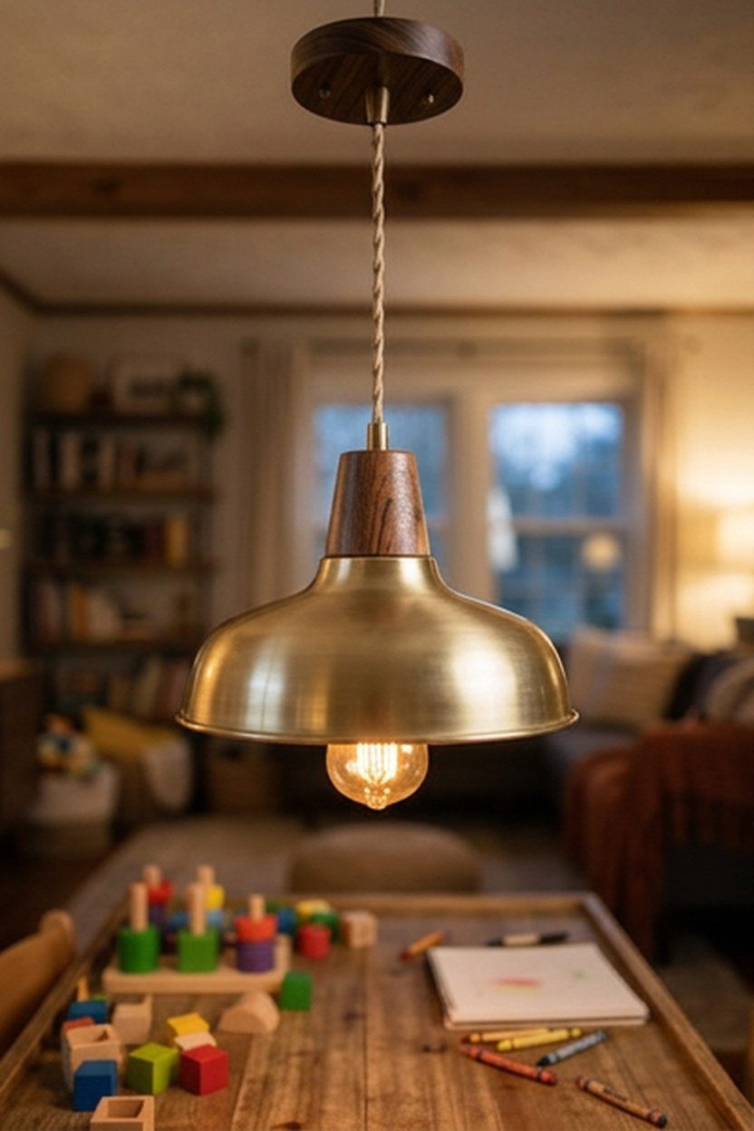 A brass pendant light fixture above a kids play table
