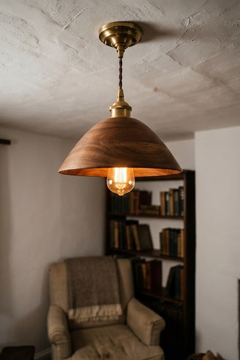 A brass and walnut pendant light fixture hanging in a library