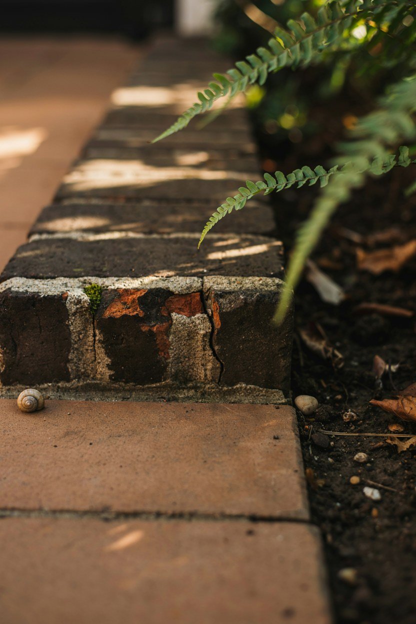 Brick on edge border separating patio paving from planting