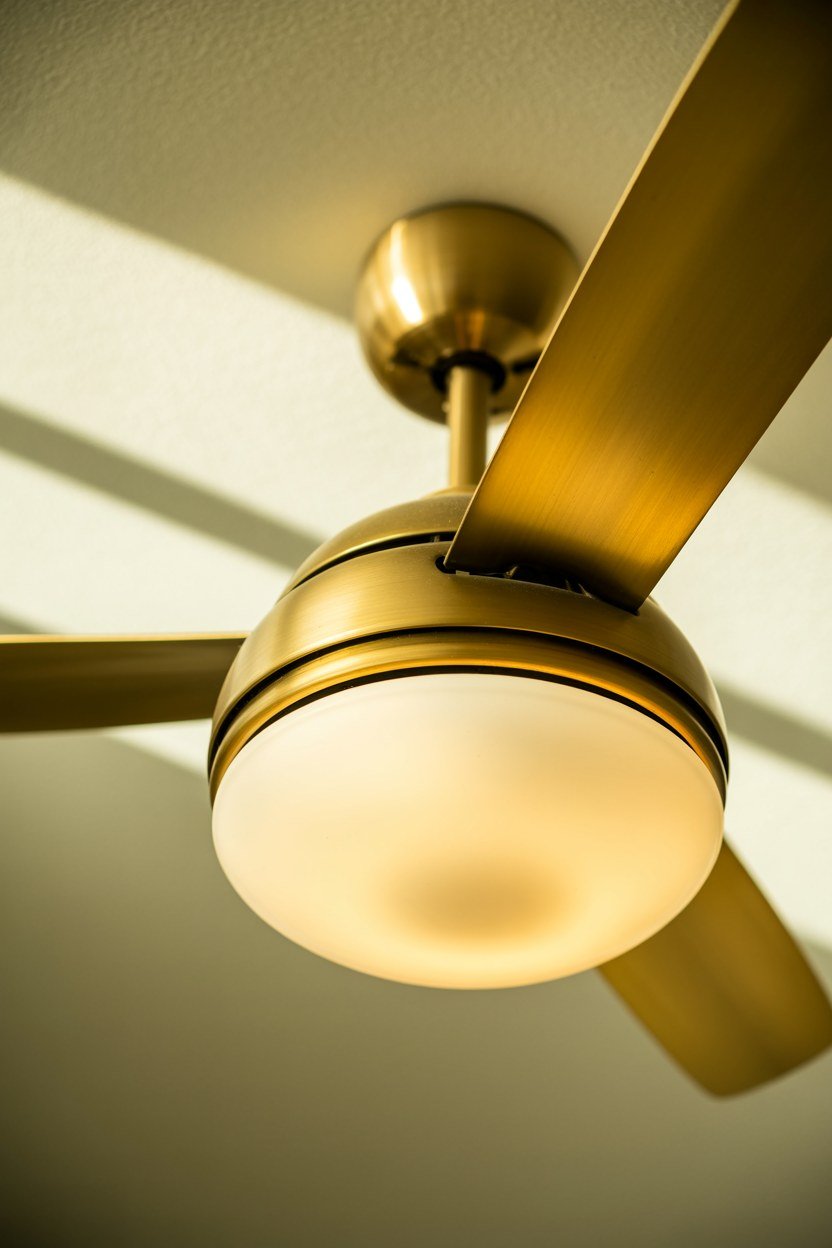 A brushed brass ceiling fan with an integrated light fixture