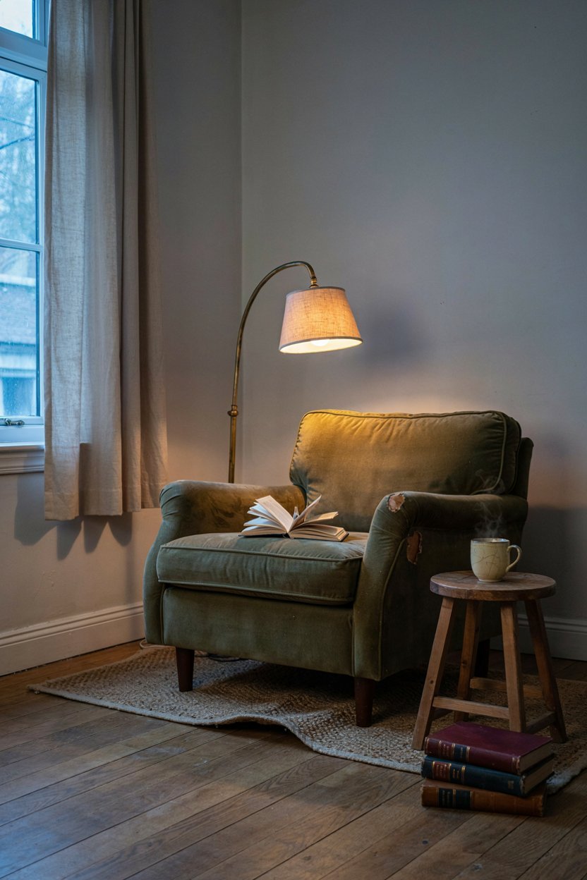 Brushed brass lamp base and drawer pulls catching warm light