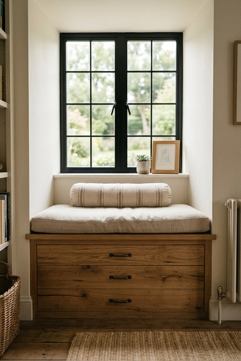 A built-in window seat with storage below in a library