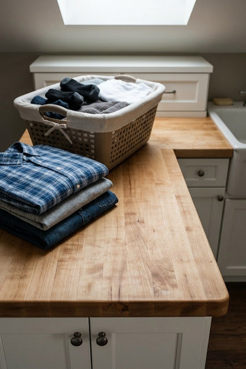 A butcher block counter used as a folding station in a laundry room