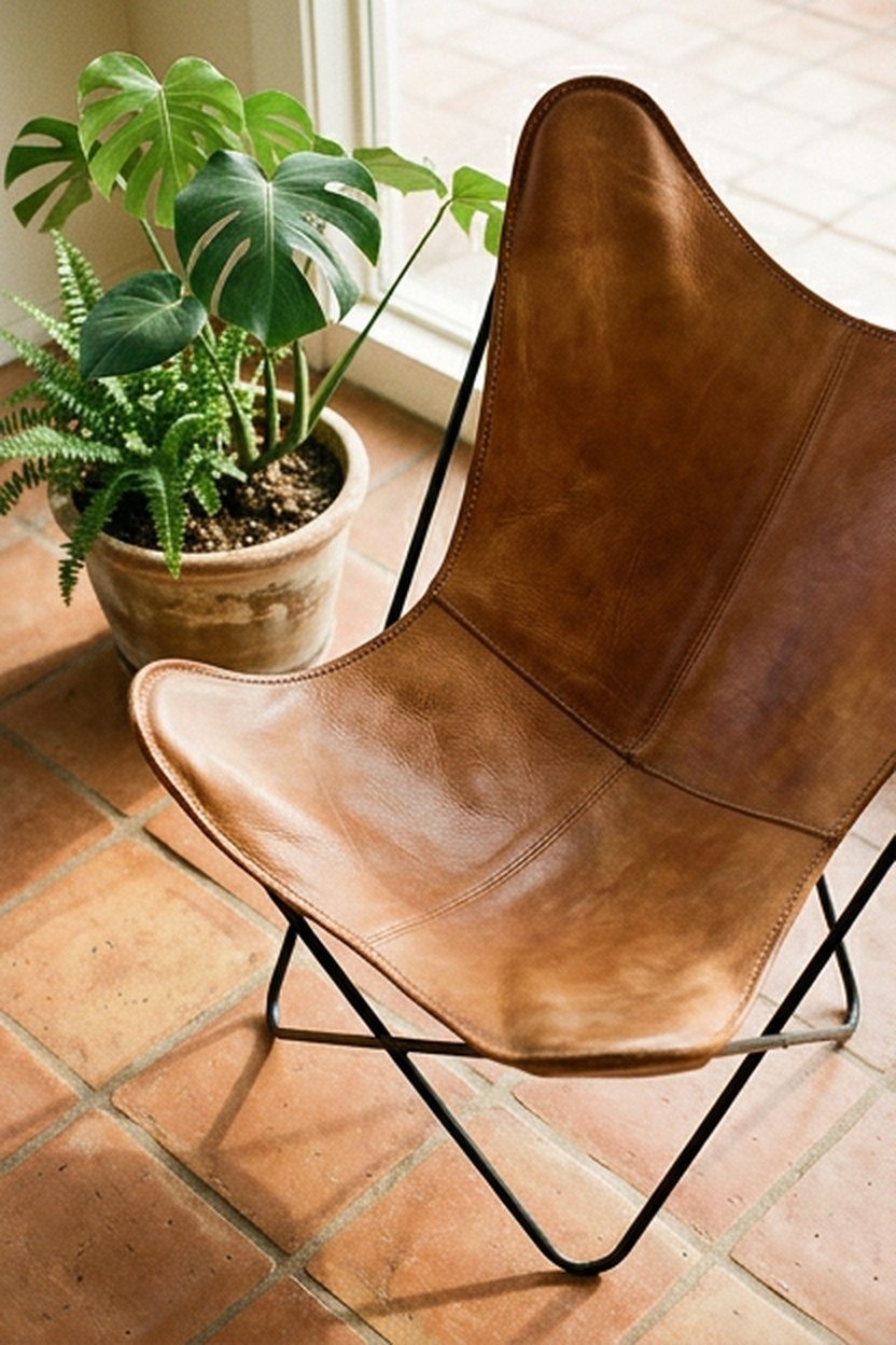 A butterfly style sling chair with a leather seat and steel frame