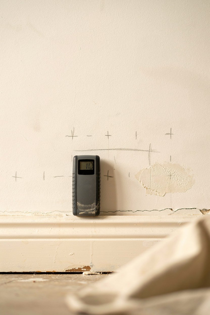 A stud and cable detector held against a plastered wall beside pencil marks