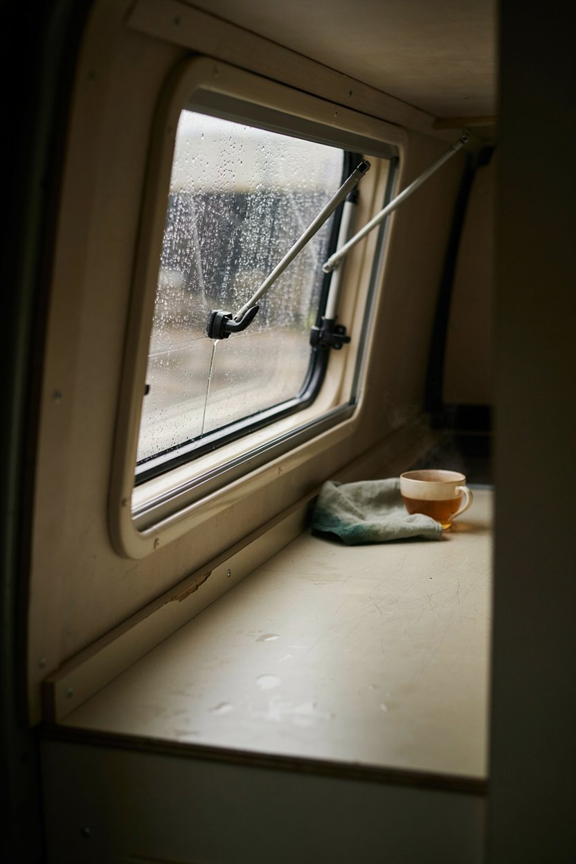 Awning window propped open in light rain above a campervan galley counter