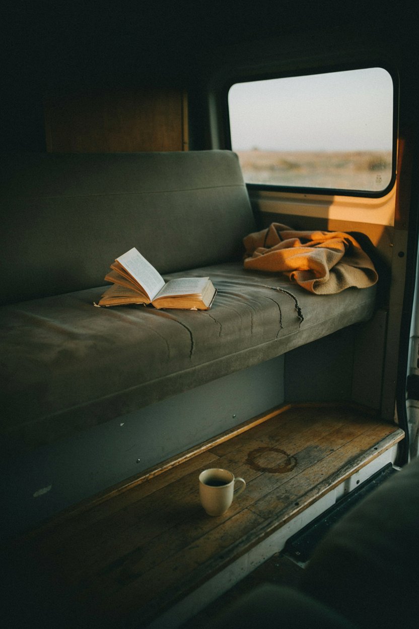 Campervan bench seat in evening light with the horizon visible through the side window