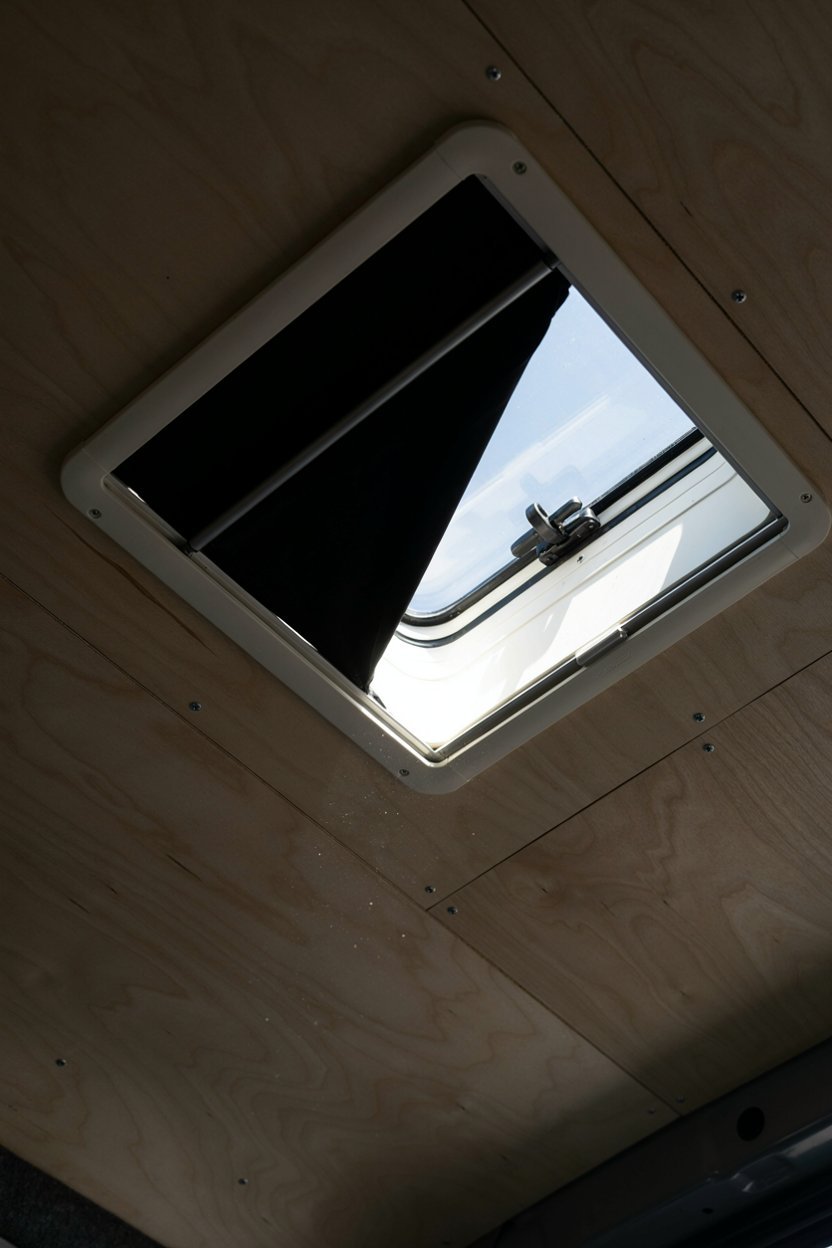 Roof hatch blackout blind half drawn across a camper van ceiling in midday sun