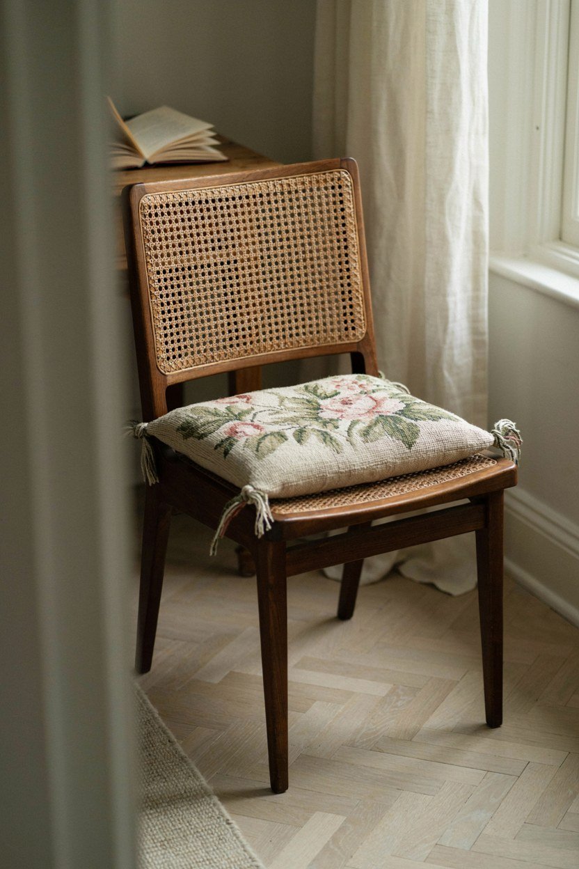Caned back desk chair with a tied needlepoint cushion