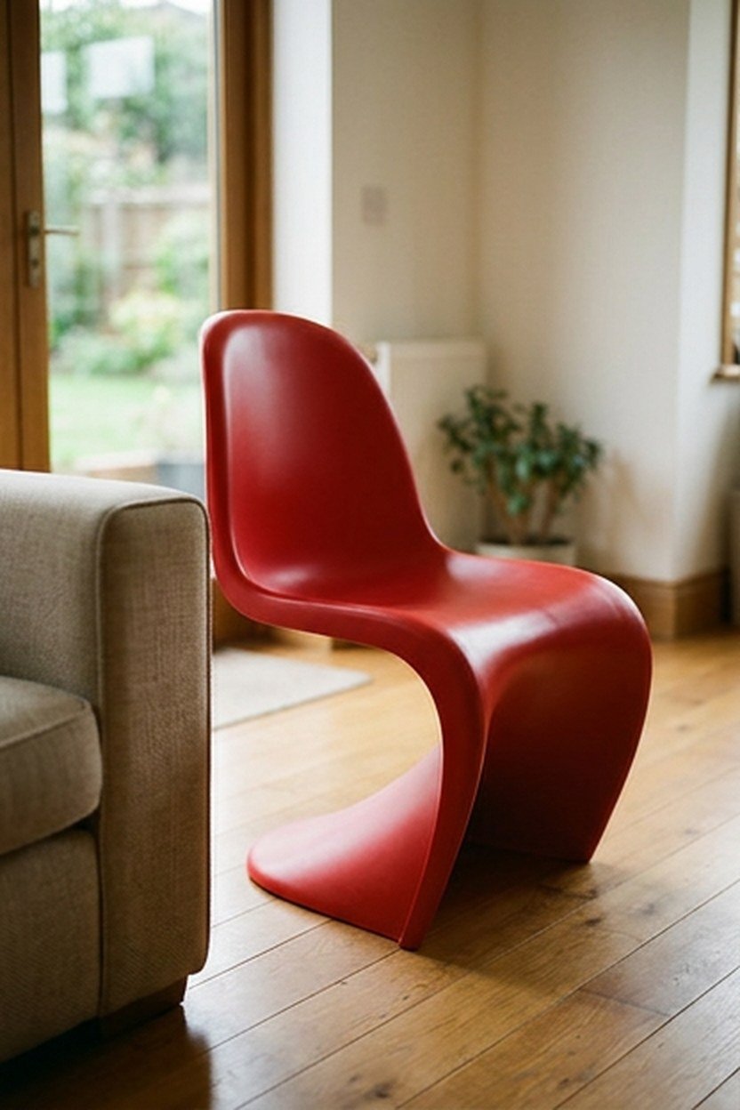 A cantilevered molded plastic chair in a bold red color
