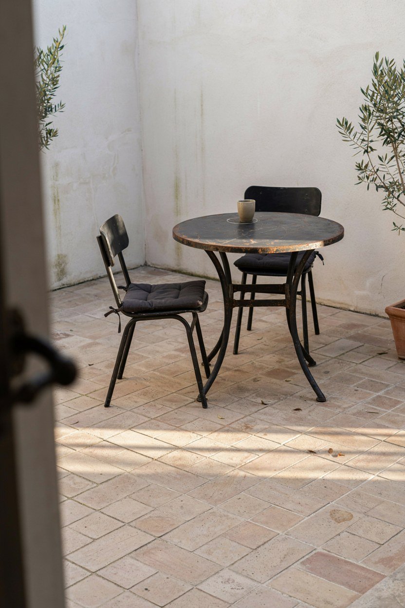 Small cast iron bistro table and two chairs in a patio corner